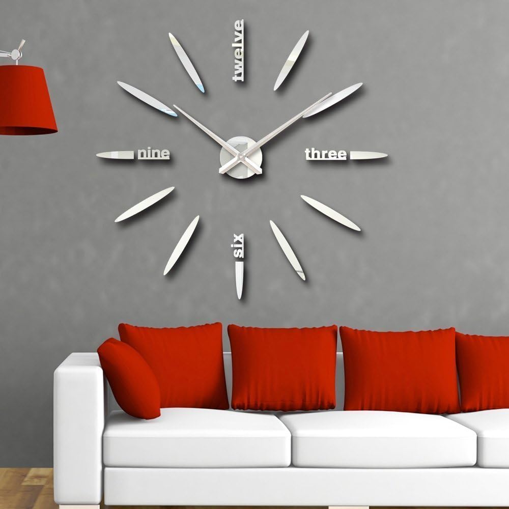 DIY Wall Clock, Lance Home Modern DIY Frameless Quartz 3D Big Mirror Surface Effect Wall Clock-Silver