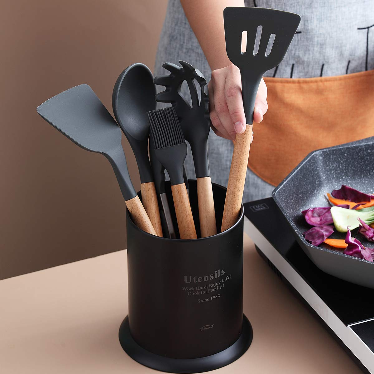 Berglander Portautensili da Cucina in Acciaio Inossidabile per Piano di Lavoro (Nero Opaco)
