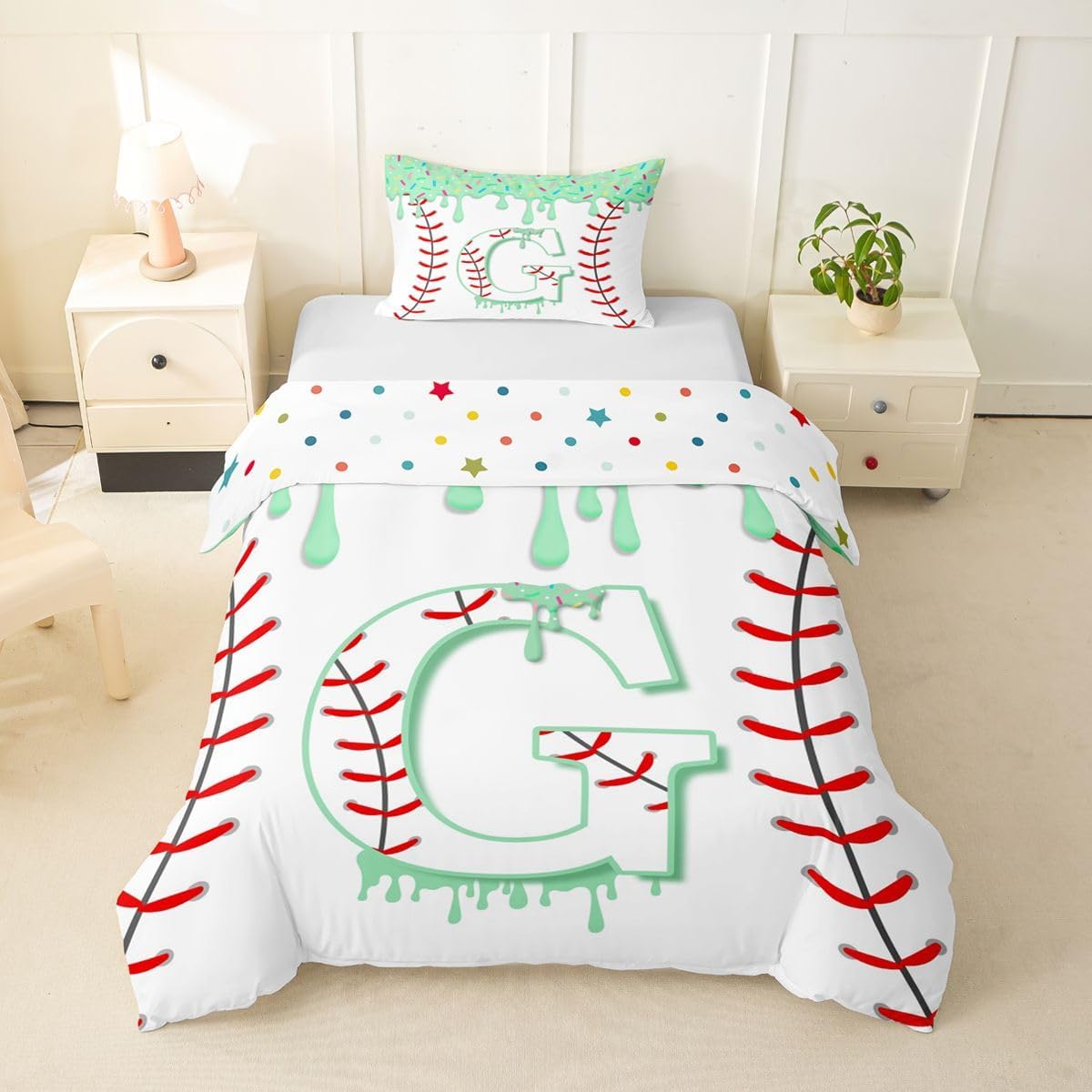 jejeloiu Baseball Ice Cream Duvet Cover Toddler Size Initial Letter B Bedding Set Breathable Soft Green Ice Cream Comforter Cover 2Pcs Game Sports Bedroom Decor