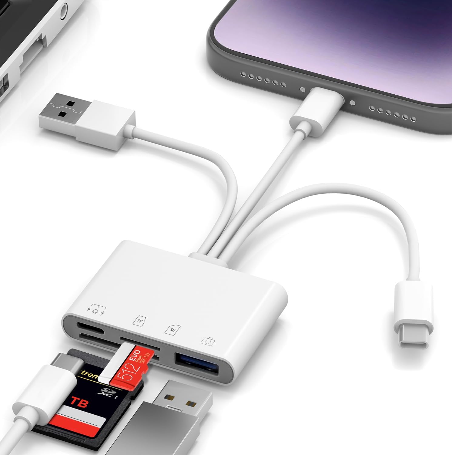 4 in 1 OTG Adapter SD Card Reader - Triple USB-C/Lightning/USB Memory Card Reader Lightning to USB Camera Adapter with SD/TF Card Slots, USB Flash Drive Slot, Type-C Port for Data & Charging & Audio