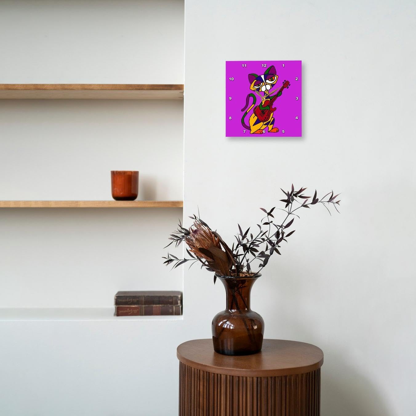 3dRose DPP_200563_3 Funny Psychedelic Cat Playing Red Electric Guitar Art Wall Clock, 15 by 15-Inch