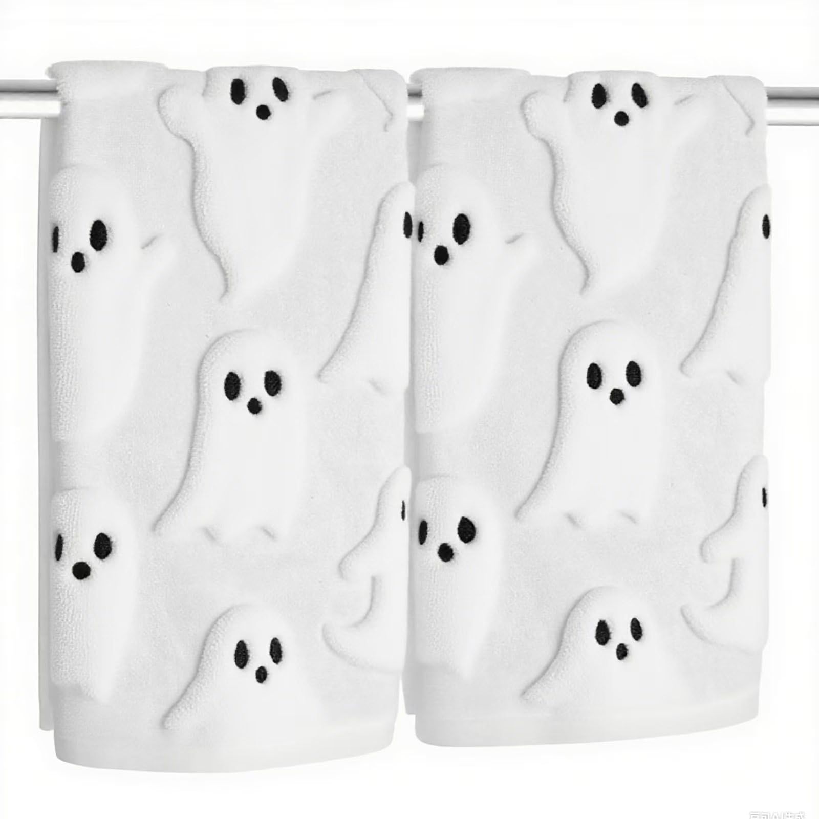Xkdamai 2 Pack Halloween Hand Towels Cotton Jacquard Ghost Halloween Kitchen Towels White Bathroom Towels Set Seasonal Bathroom Decor (White Ghost)