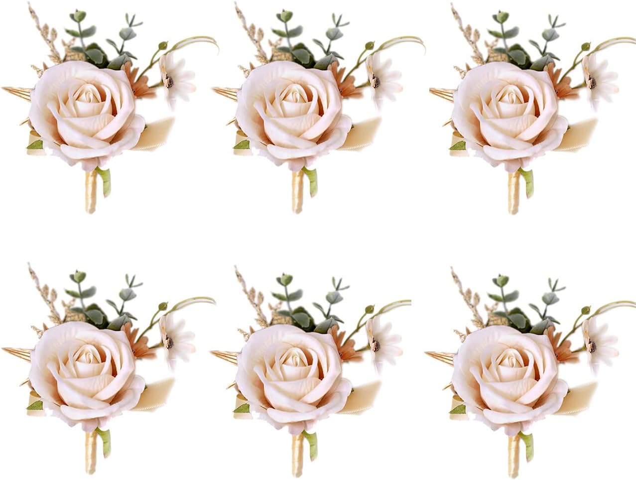 Ansofi Boutonniere Set of 6 Champagne Gold Groom Boutonniere for Men Wedding Ceremony Anniversary Formal Dinner Party Prom Suit Decorations