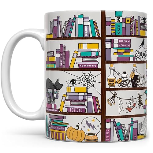 Halloween Spooky Book Library Coffee Mug, Gothic Witchy Bookish Gifts, Librarian Bookworm Bibliophile Cup (11oz)