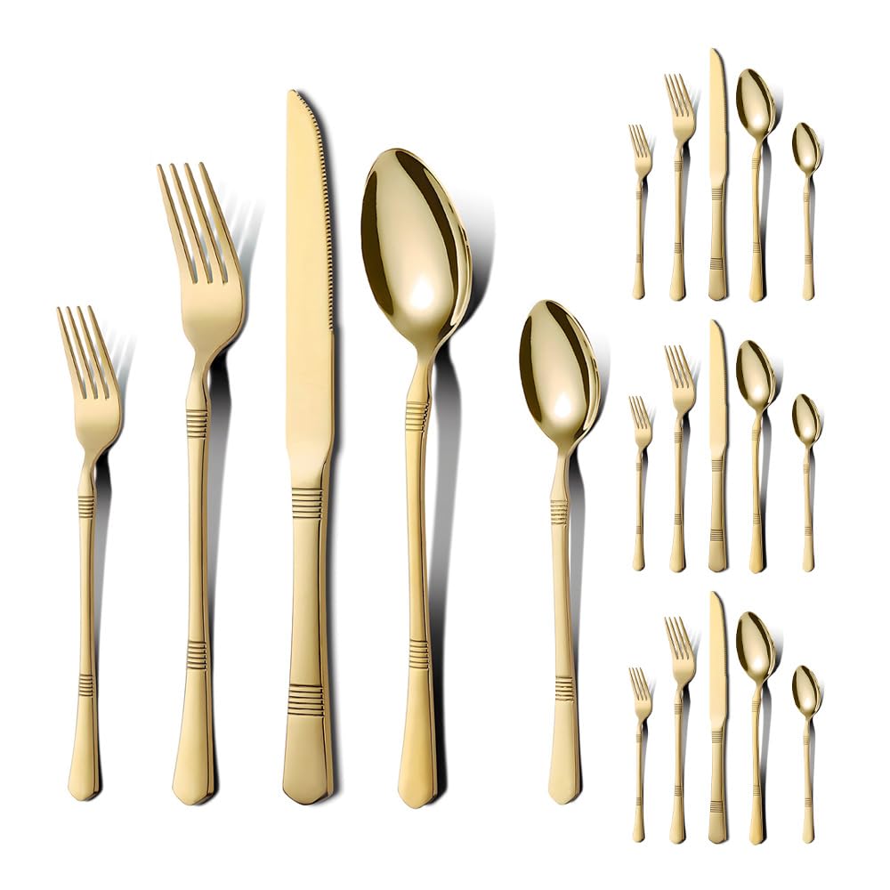 Besteckset aus Edelstahl, 20-teilig, bunt, mit horizontal gestreiftem Griff, Besteckset mit Steakmesser, Gabel, Löffel und Teelöffel für Küche und Esszimmer (Silber)