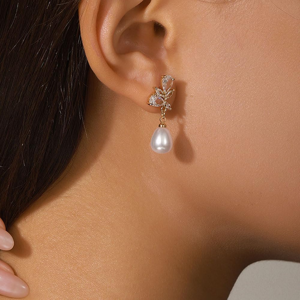 Pearl Drop Earrings for Women Gold Wedding Dangle Earrings for Brides Trendy Teardrop Pearl Rhinestone Earring Simple Aesthetic Jewelry Accessories - Image 4