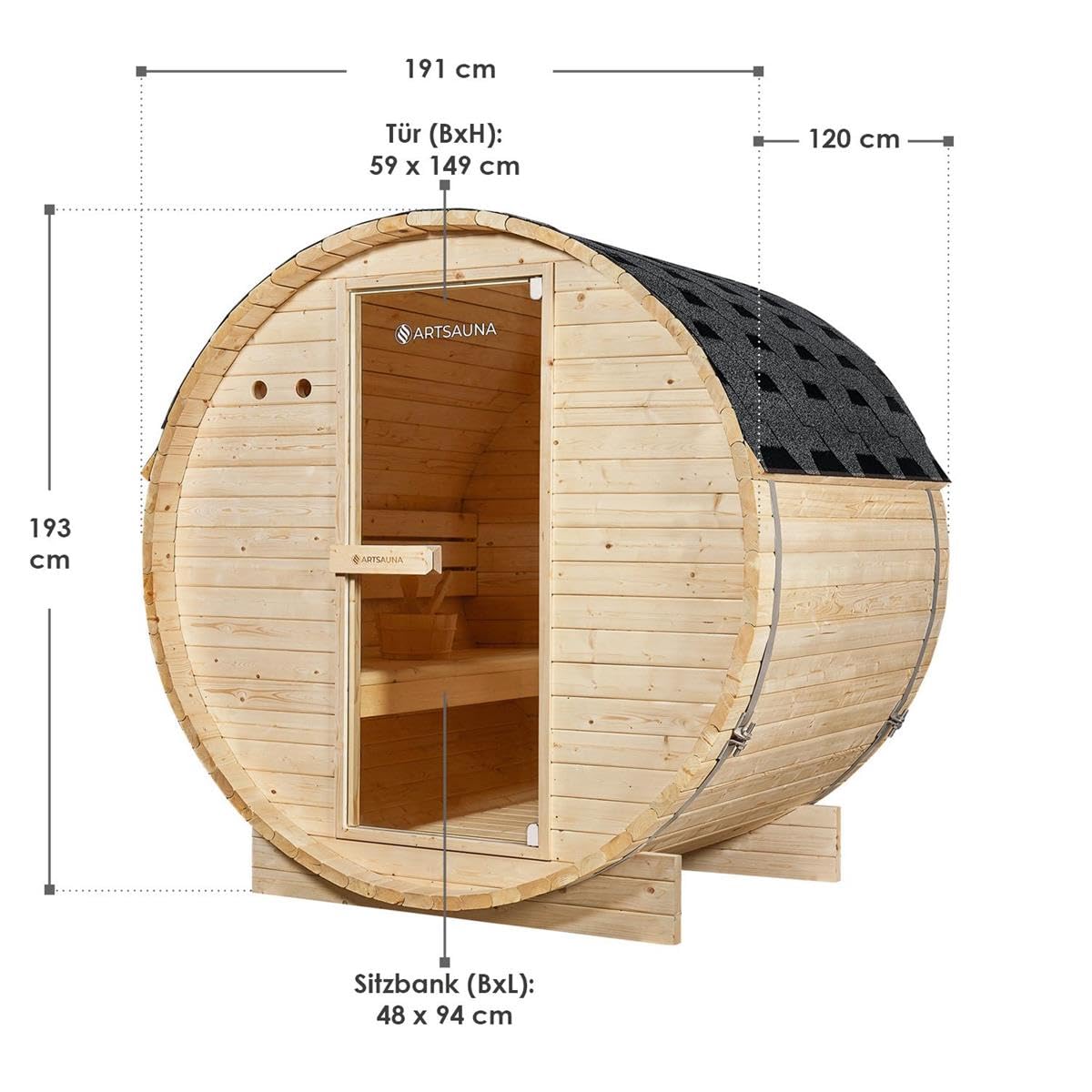 Outdoor Sauna Fasssauna Speyer aus Fichtenholz – Saunafass Komplettset mit Saunaofen, LED Beleuchtung & Zubehör – Gartensauna (M - 120x191)