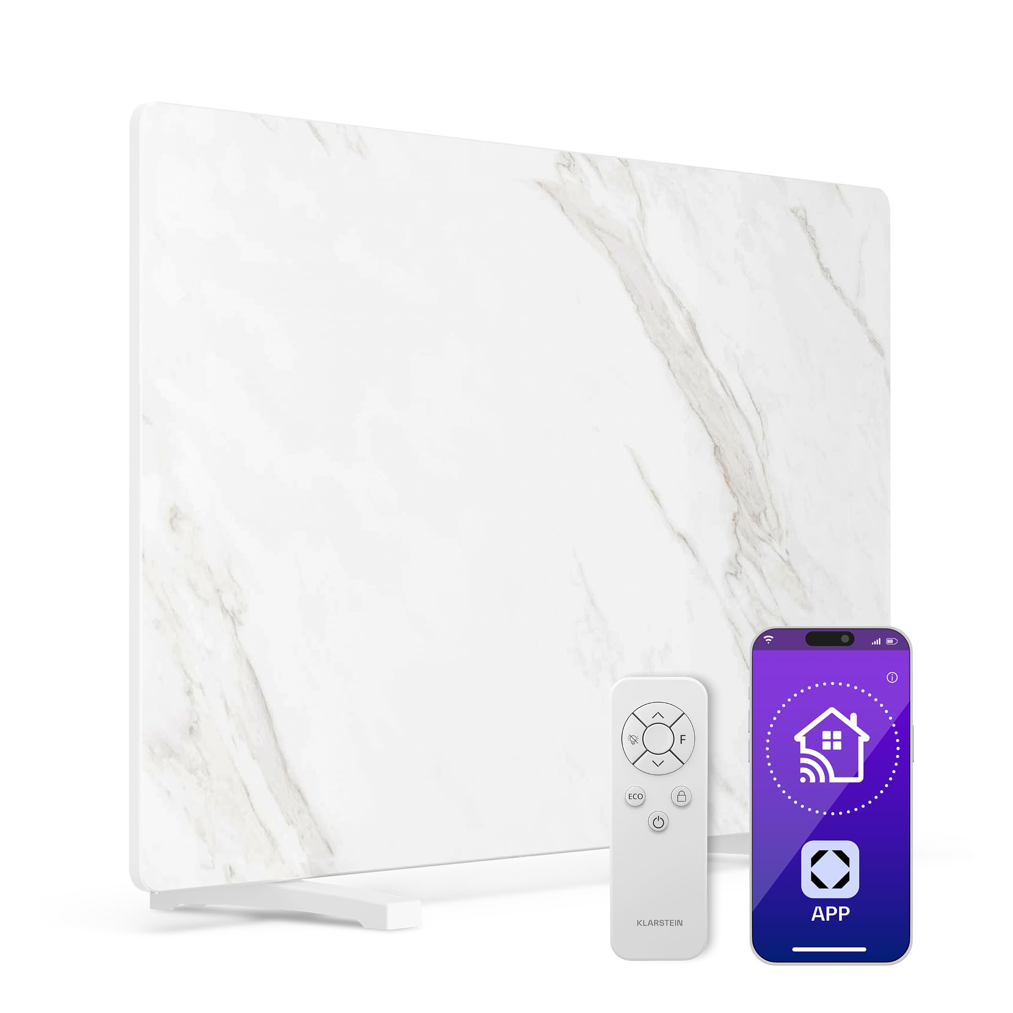 Klarstein Pannelli Radianti Infrarossi 600W – Parete o Indipendente, WiFi, Termostato, Timer, Sicurezza Bambini, IP43, Design Marmo, Riscaldamento a Infrarossi 12m², Bianco