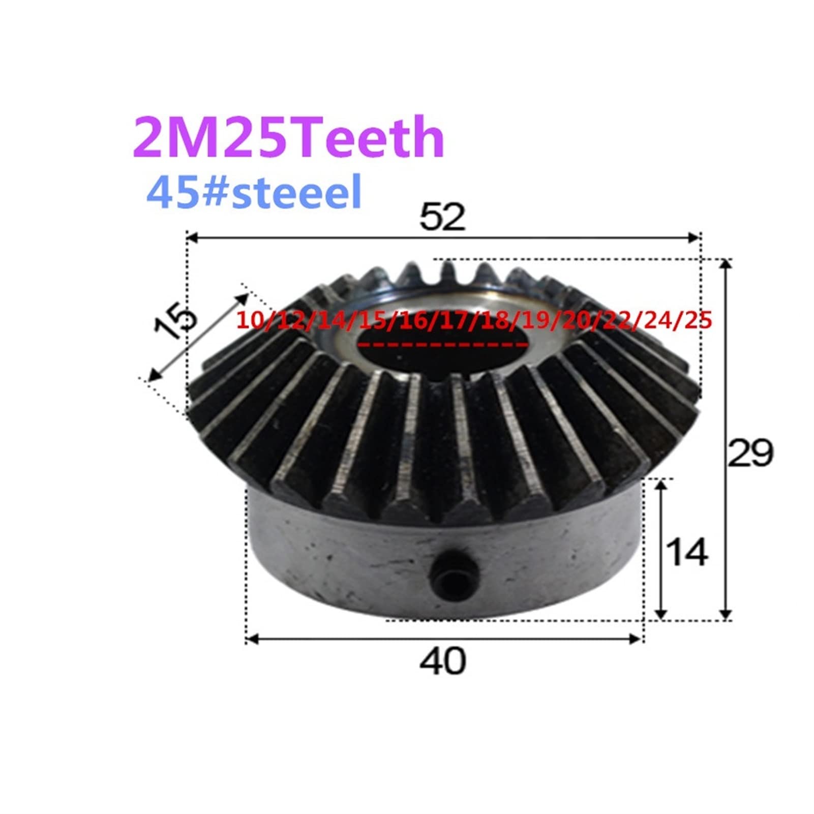 ángulo de transmisión Engranaje cónico de 2M, 25T, 10mm, 12mm, 15mm, 18mm, 20mm, 22mm, piñón cónico de agujero interior, 2 módulos, 25 dientes, tornillo de engranaje espiral, agujero M5, 1 ud. eje con
