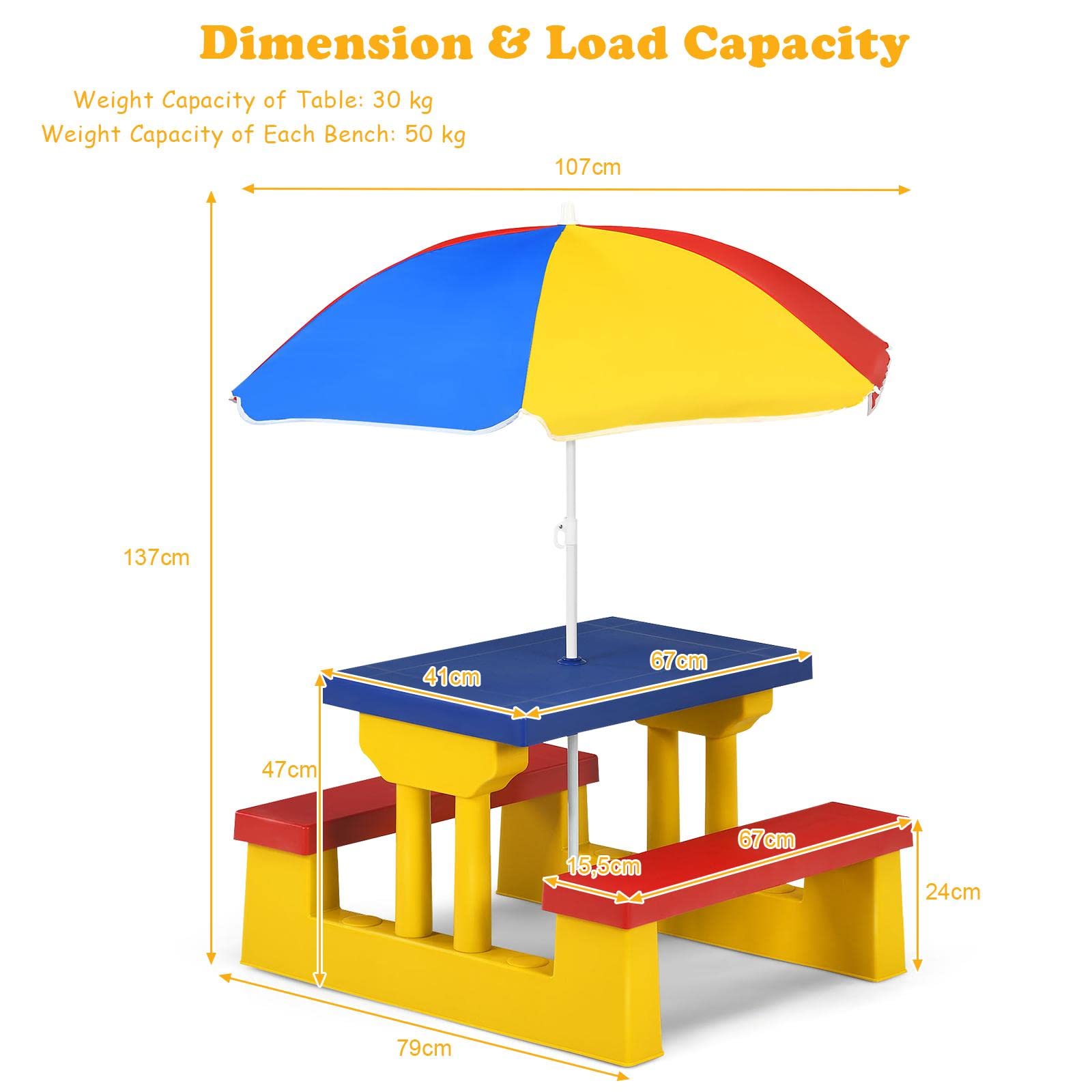 KOMFOTTEU Set di sedie per bambini con ombrellone, mobili per bambini con 1 tavolo e 2 panche, set per bambini in polipropilene, set da picnic per parco, giardino, campeggio, blu, rosso, giallo
