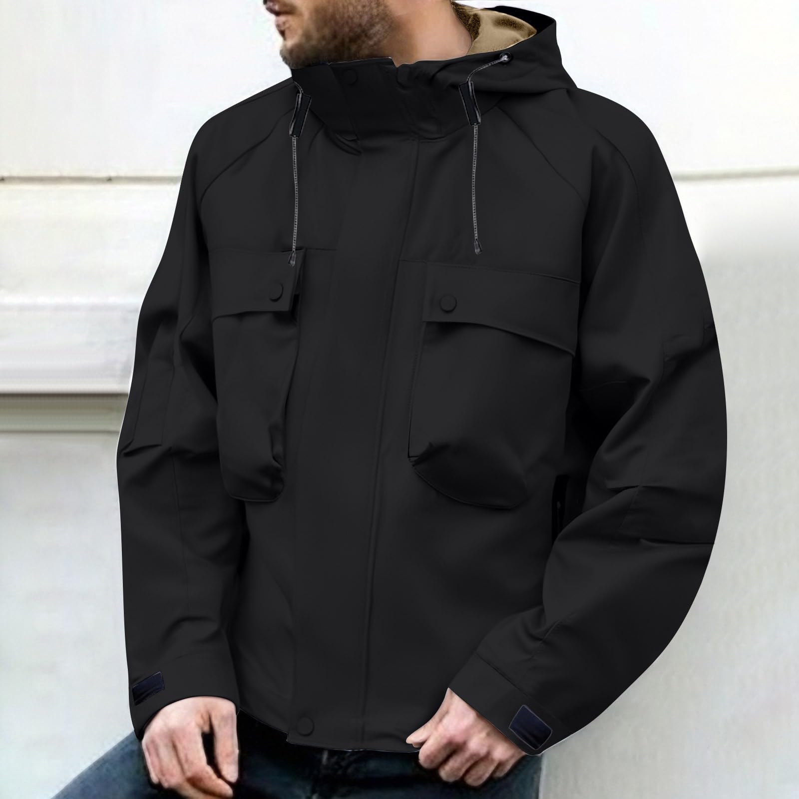 Generisch Giacca impermeabile da uomo, sottile, leggera, in softshell, con cappuccio, giacca a vento con tasche, tinta unita, per attività all'aperto, con coulisse, per il tempo libero, traspirante