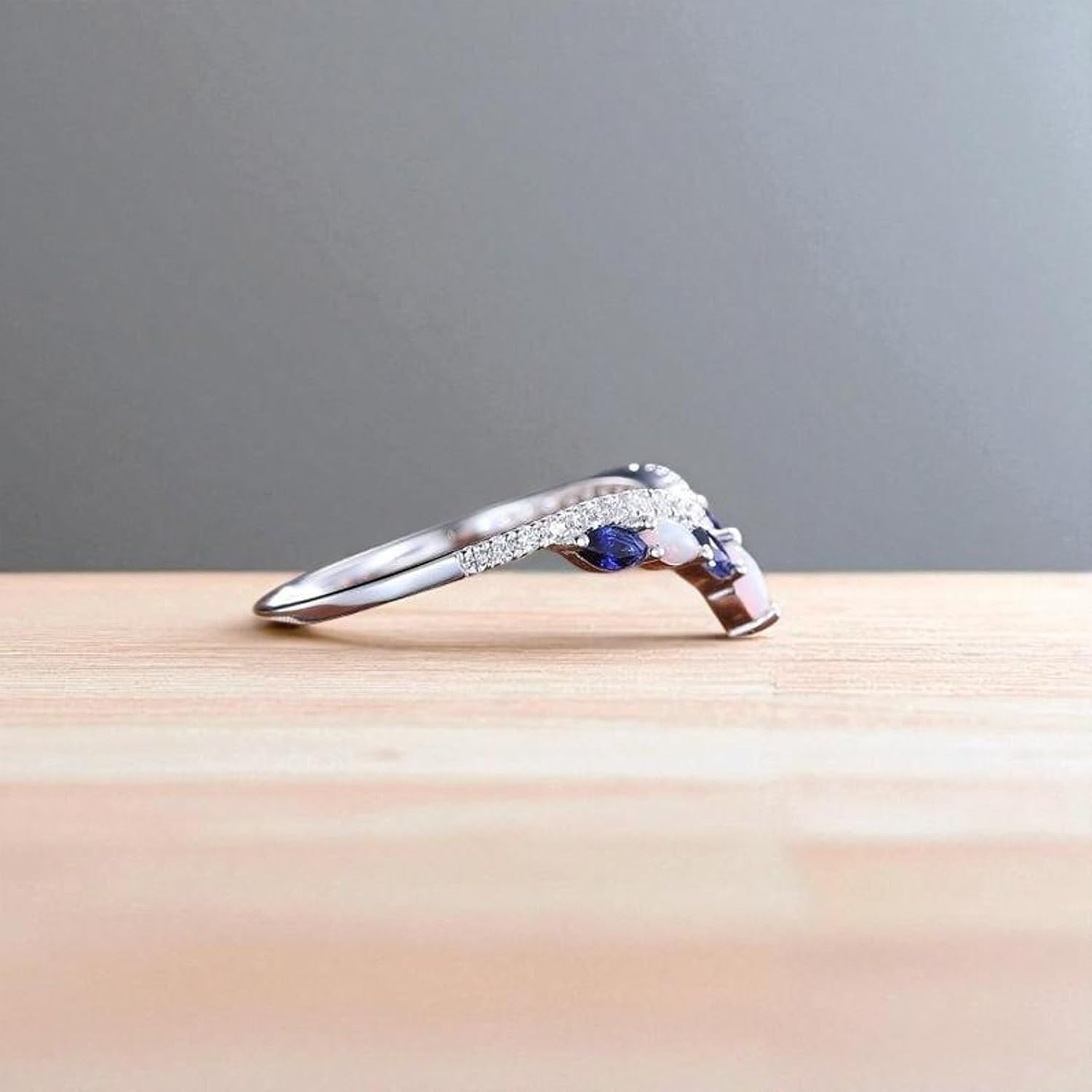 925 Sterling Silver V-Shaped Ring, Blue Sapphire and Opal Gemstones, Curved Wedding Band