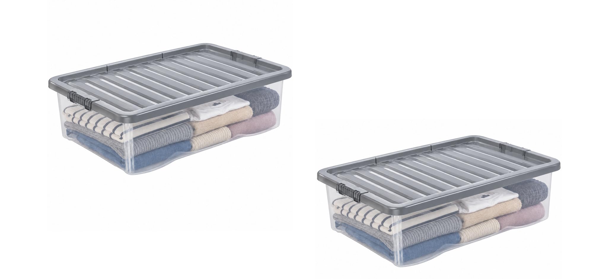 ELMORA'Z Under Bed Storage Box 32L Transparent Plastic Storage Container with Grey Lid Stackable Underbed Storage for Clothes Bedding & Home Space Saving Container (2, 32 Litre Grey Lid) โ image 1