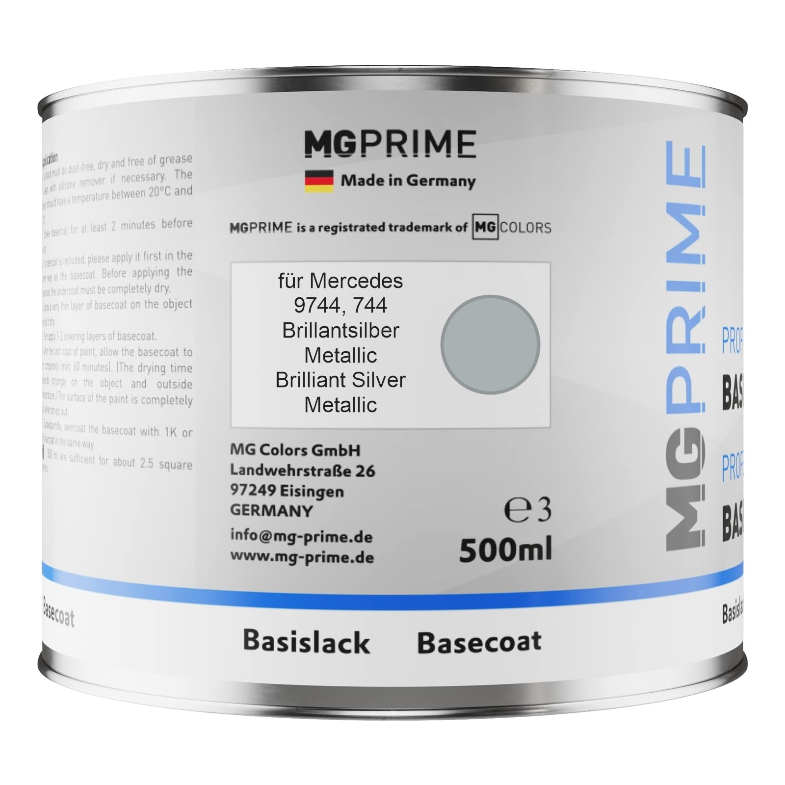 MG PRIME Vernice per auto Kit barattolo pronto all’uso per Mercedes 9744/744 Brillantsilber Metallic/Brilliant Silver Metallic Vernice di base + vernice trasparente 2K 1,25L