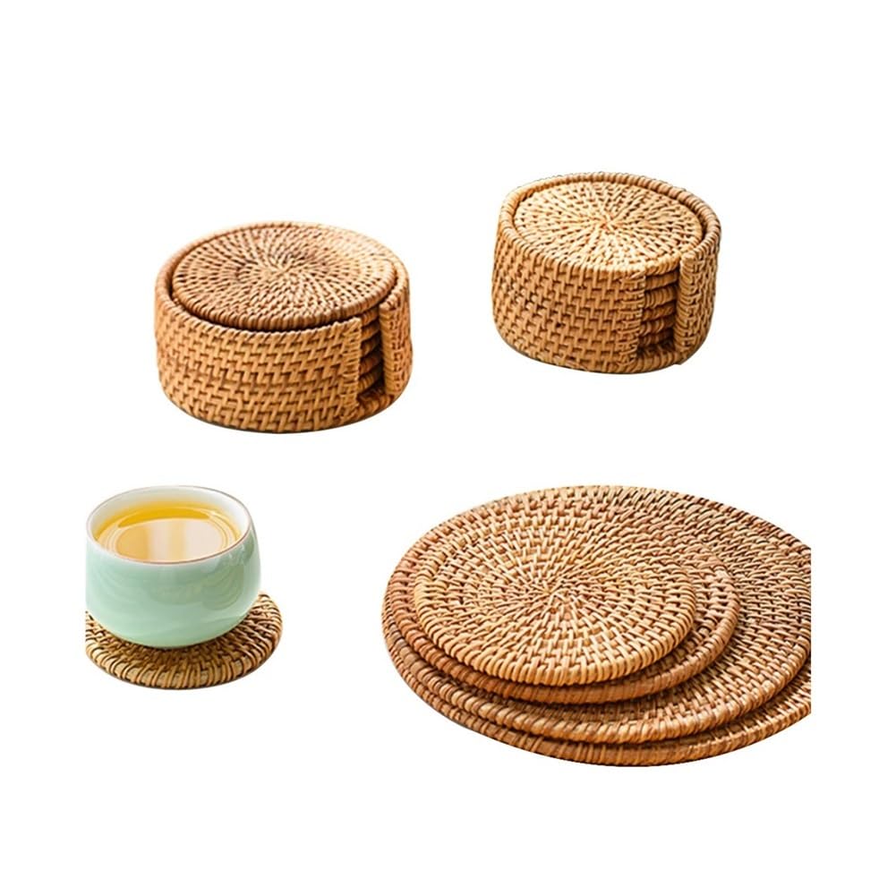 6 szt. tkanych rattanowych podstawek z uchwytem mata stołowa podkładka pod kubek do kawy herbaty podstawka garnek miska podkładka szklana podstawa akcesoria kuchenne (16 cm)