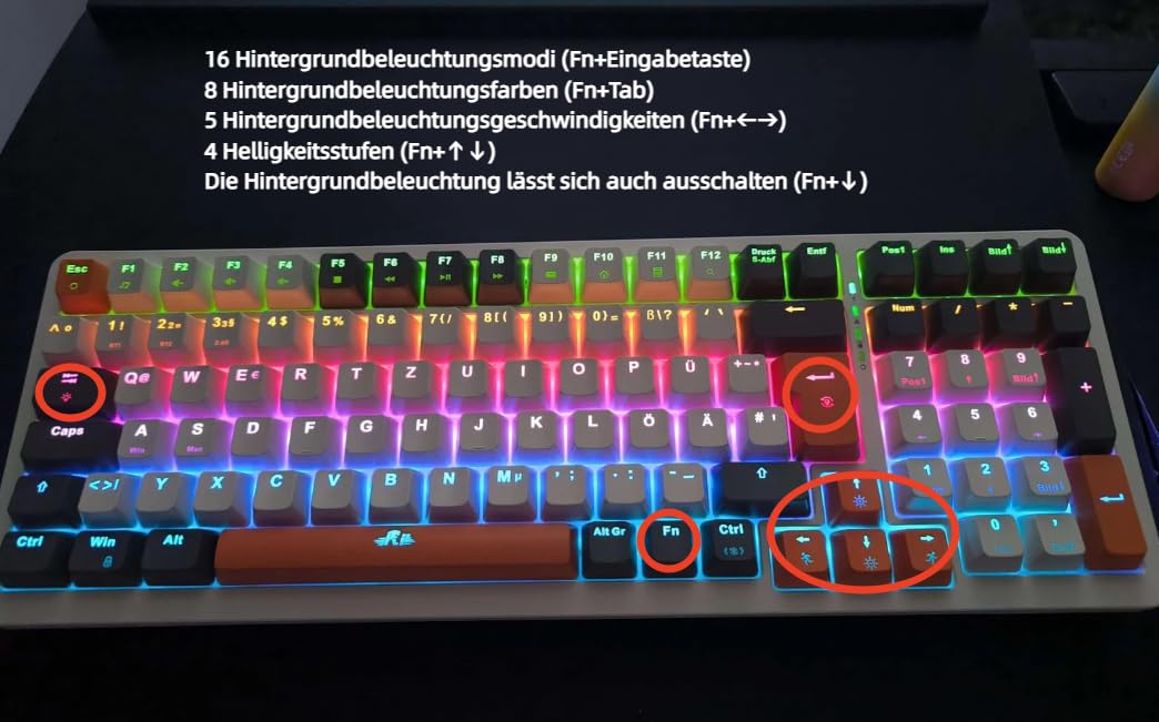 Rii Mechanische Tastatur Kabellos, Gaming Retro Tastatur Bluetooth, Tri-Modi Tastatur 75 Prozent mit QWERTZ, Beige-Grau-Orange dreifarbige Tastatur (BT5.0 + 2.4GHz + Kabel)