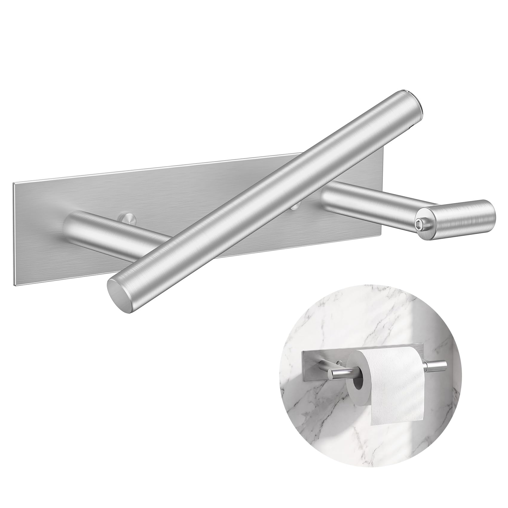 Brushed Nickel Toilet Paper Holder, Wall Mount Toilet Roll Holder Self Adhesive or Screw Installation, Pivoting Double Post Toilet Roll Holder SUS304 Stainless Steel for Bathroom and More