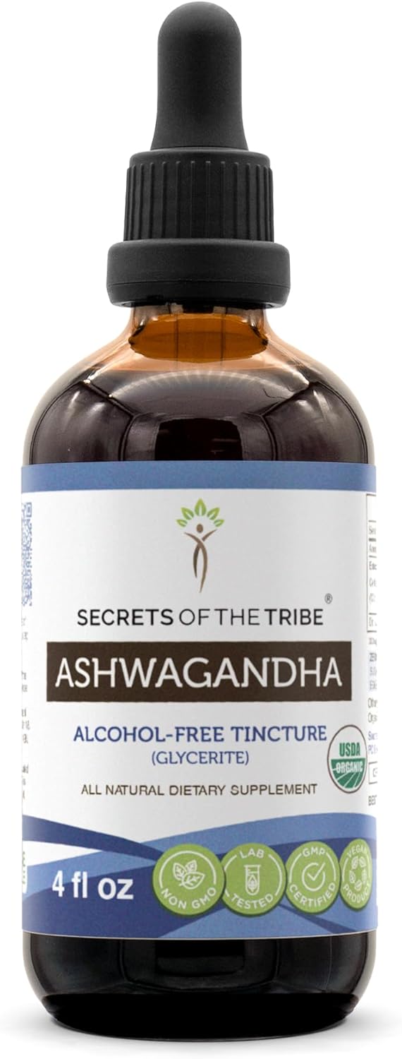 Secrets of the Tribe Ashwagandha USDA Organic Tincture Alcohol-Free Extract, Ashwagandha Withania Somnifera Anti-Stress and Relaxation 4 OZ