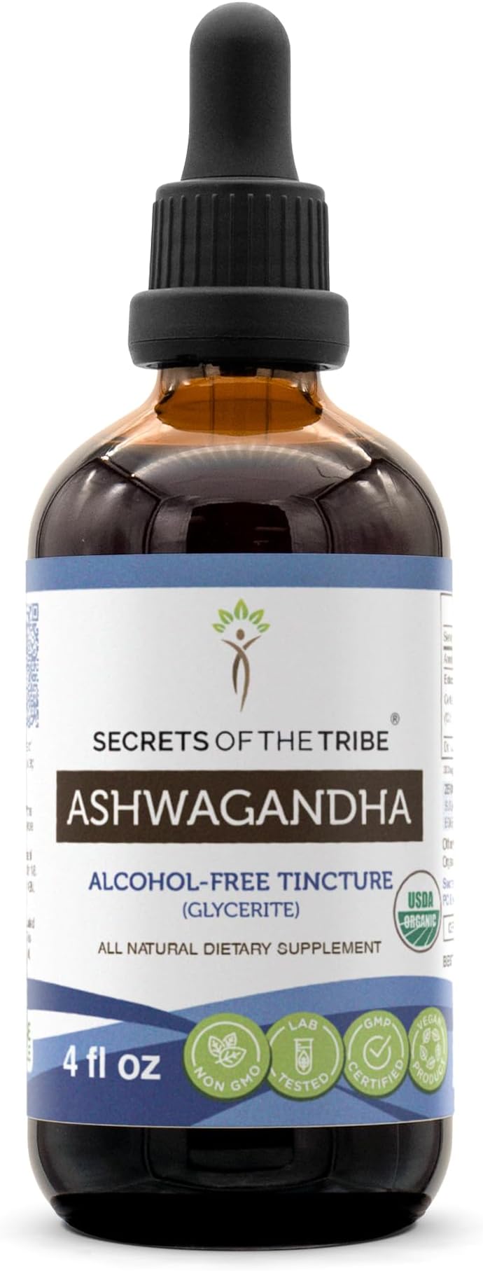 Secrets of the Tribe Ashwagandha USDA Organic Tincture Alcohol-Free Extract, Ashwagandha Withania Somnifera Anti-Stress and Relaxation 4 OZ