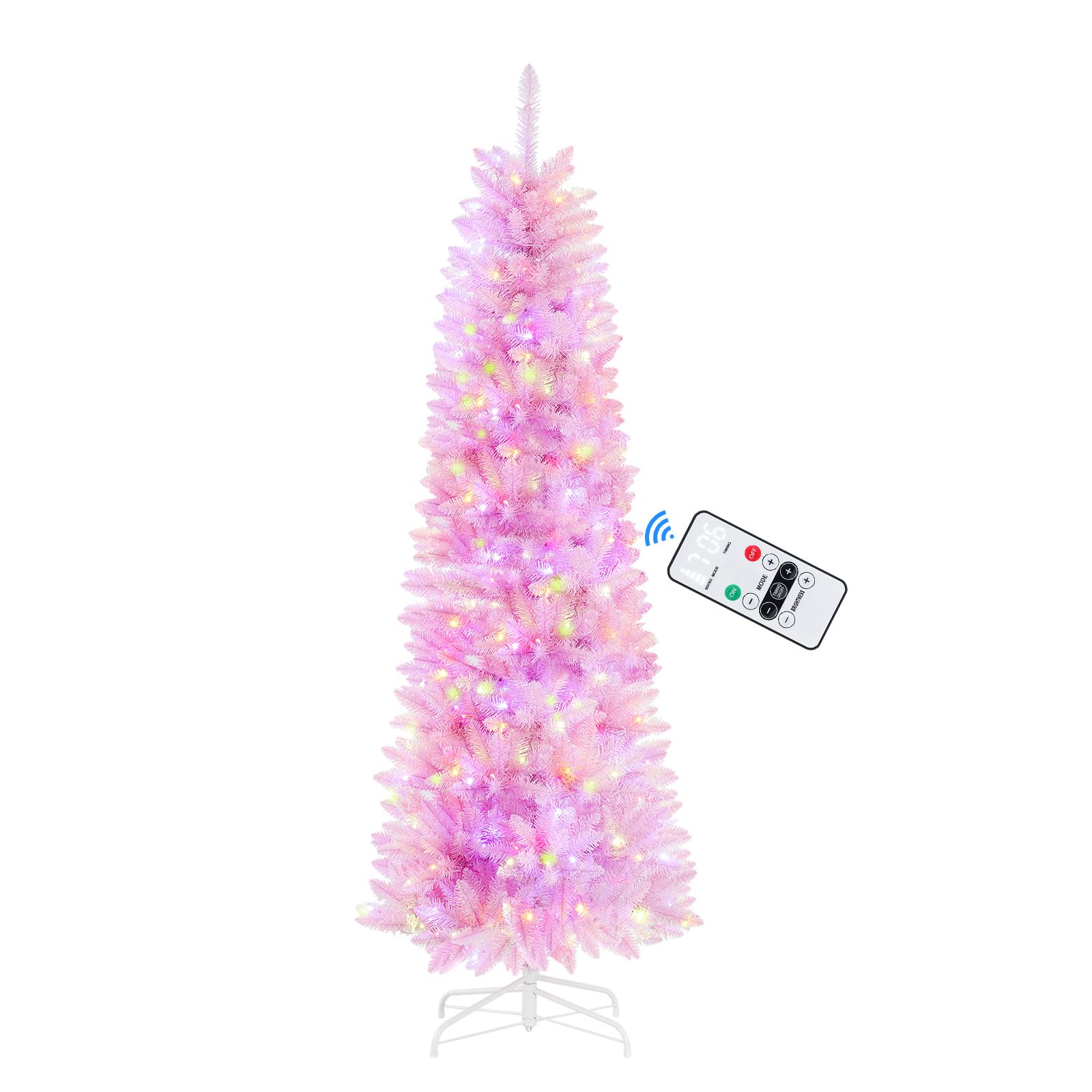 SHareconn 5ft Premium Prelit Artificial Pencil Spruce Christmas Tree with Remote Control, 180 Warm White & Multi-Color Lights, Full Branch Tips, First Choice Decorations for Xmas, 5 FT, Pink