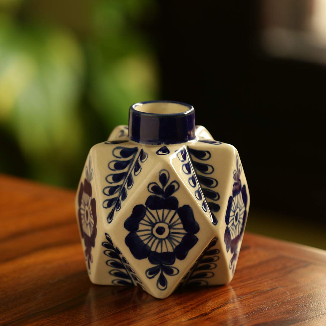 ExclusiveLane The 'Starry Bloom' Mughal Hand-Painted Artifacts for Living Room & Home Decorative Ceramic Flower Vase (12.7 cm x 12.7 cm x 12.7 cm, Ink Blue & White)