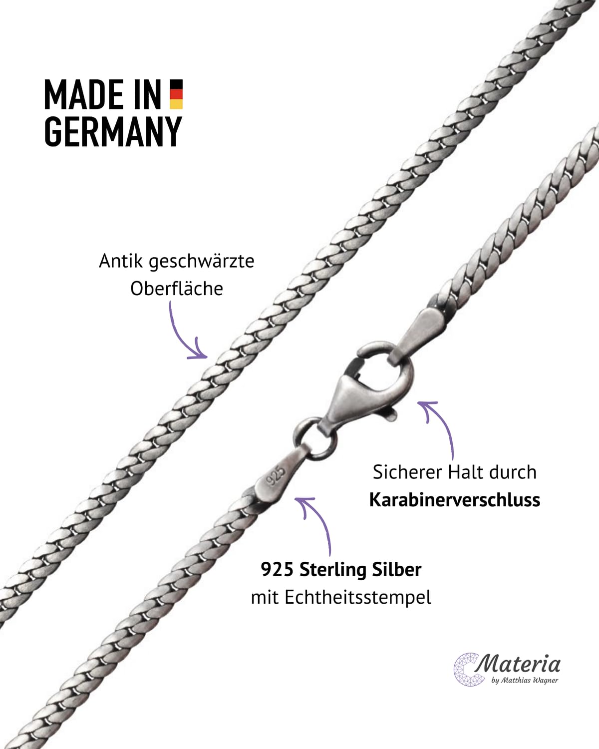 Panzerkette Silber 925 flach 2mm antik geschwärzte Halskette für Herren K16 | Kompakte Kette im Antik-Look aus Sterlingsilber von MATERIA by Matthias Wagner