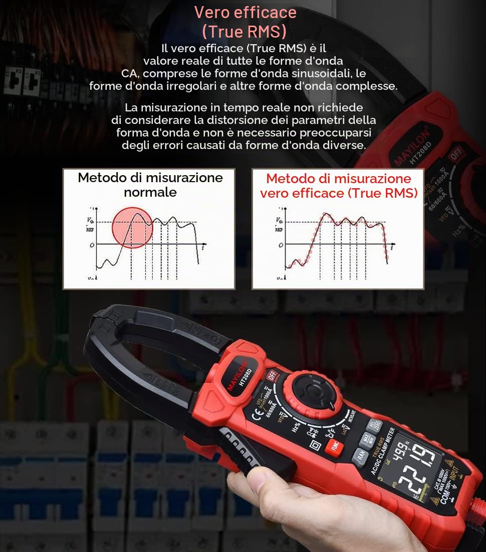HT208D Multimetro True-RMS, Pinza Amperometrica con Funzione di Corrente di Spunto, VFD, NCV e RAN, Misura AC/DC Tensione e Corrente, Capacità, Resistenza, Diodi, Continuità, Valore Relativo, LowZ