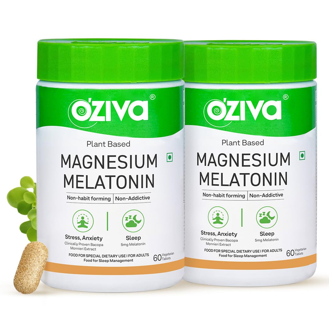 oziva magnesium melatonin for stress, anxiety & sleep | with bacopa monnieri extract | non-addictive, non-habit forming | 120 vegetarian tablets - pack 2