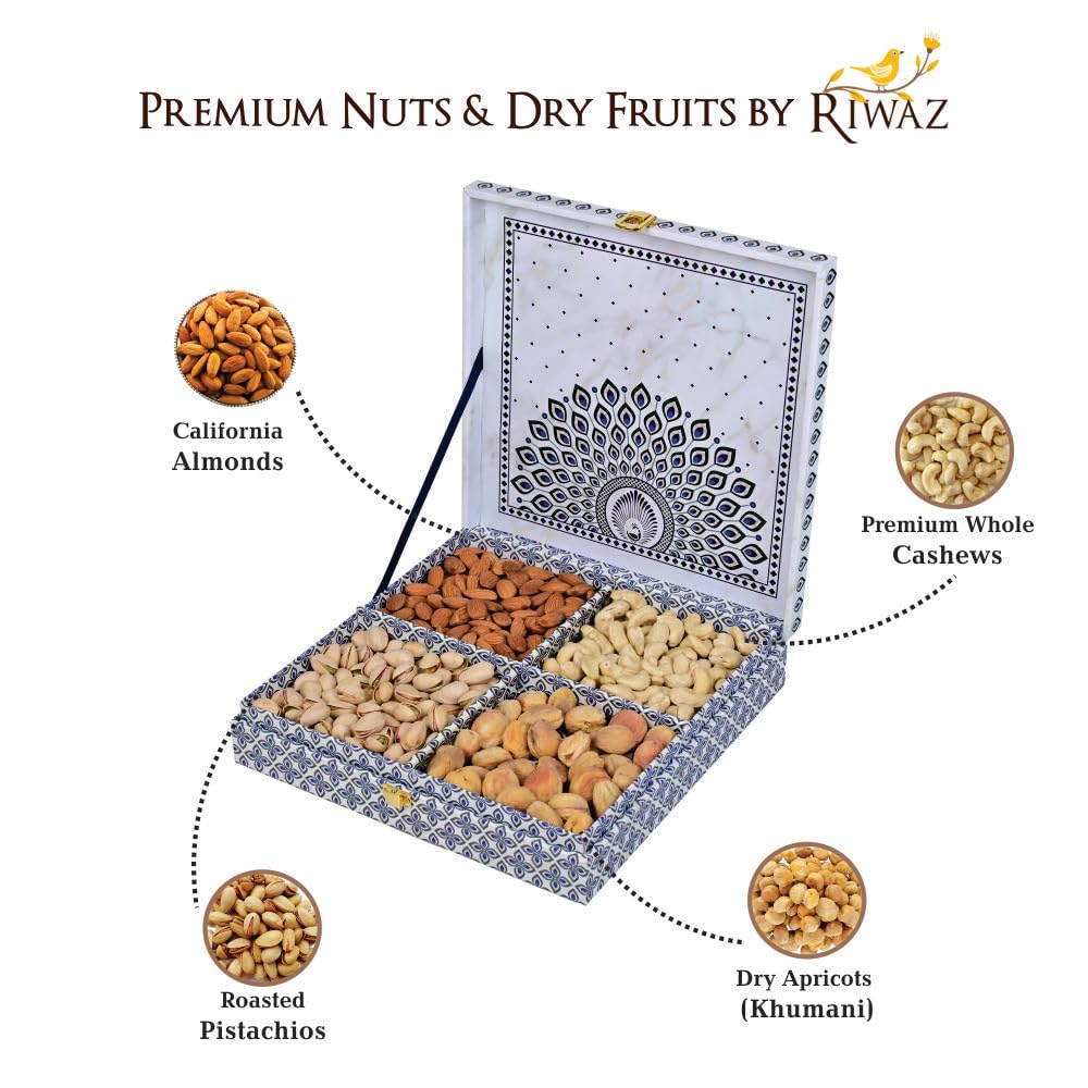 Riwaz Luxury Mor Pnakh Giftbox,filled Almonds, Cashew, Pistachio & Khumani| 4 Column designer Box|100% Natural & healthy |A Thoughtful Present for Corporates, Wedding & Festival Gifting 2
