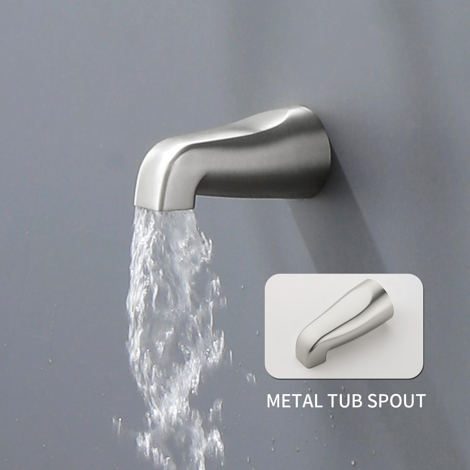 Close-up of the metal tub spout with water flowing from it.