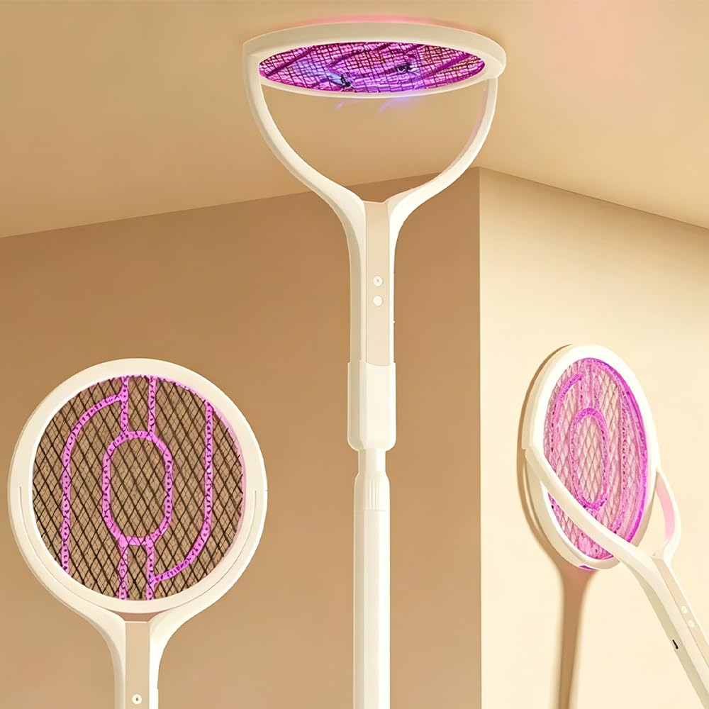 Rotating Head Electric Fly Swatter, Rotating Head Fly Zapper, Racket Rechargeable Flies Killer, Handy Flies Killer Mosquito Bug Zapper with a Telescopic Extension for Indoor and Outdoor(Beige)