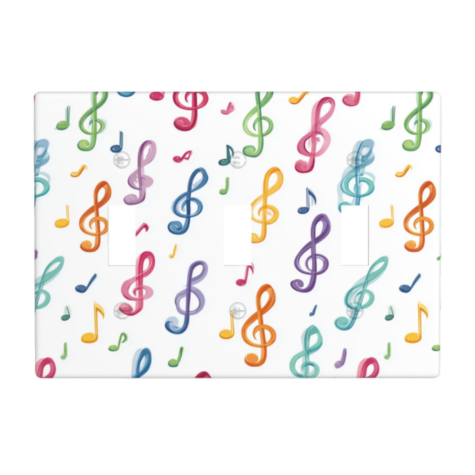 Woshuwo White Colorful Musical Notes Light Switch Covers 3 Gang Triple Toggle Wall Plate Switchplate Electrical Faceplate For Bathroom Kitchen Bedroom Decor