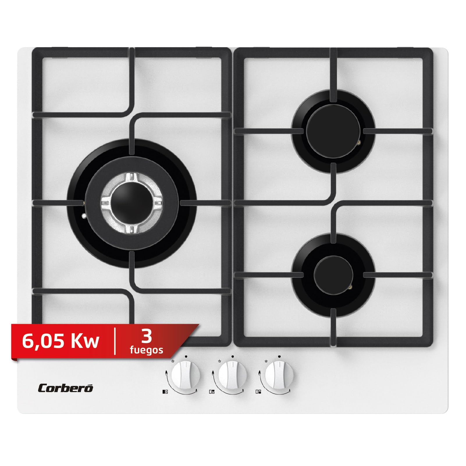 Corberó - Plaque gaz butane 60 cm | CPCGM3F3126W | Puissance 6,05 kW | 3 zones | Zone Wok | Auto-allumage | Couche de protection Clean+ | Arrêt automatique | Verre blanc