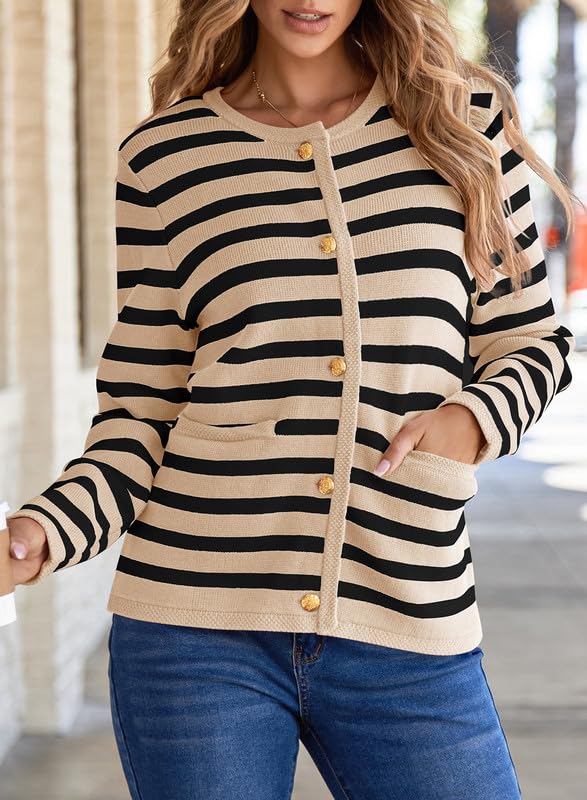 Dokotoo Women's 2025 Fashion Casual Crew Neck Open Front Long Sleeve Chunky Knit Striped Cardigans Sweaters Outerwear Coats3