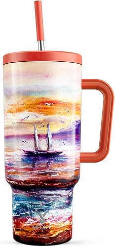 Miniatura 25 de Meoky - Vaso de 40 oz con asa, tapa a prueba de fugas y pajilla, taza de café y viaje térmica de acero inoxidable, mantiene el frío durante 34 horas