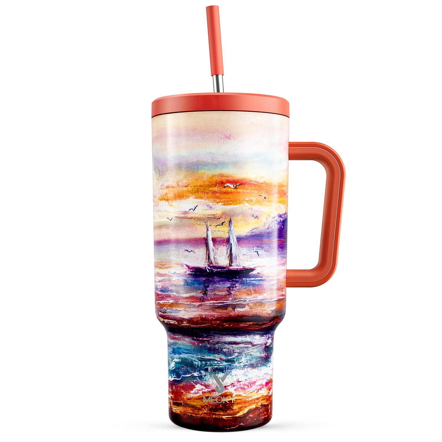 Meoky 40 oz Tumbler with Handle and Straw: Stainless Steel Insulated Tumbler with Lid and Straw - 100% Leak Proof Tumbler for Car Cup Holders - Travelers Commuters Workers, Sailboat — image 1