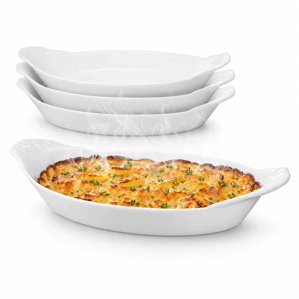 HIC Kitchen HIC Kitchen Ovale Au Gratin Auflaufformen-Set, feines weißes Porzellan, 25,4 cm, 4 Stück, Au Gratin Auflaufformen-Set, feines weißes Porzellan, 25,4 cm, 4 Stück