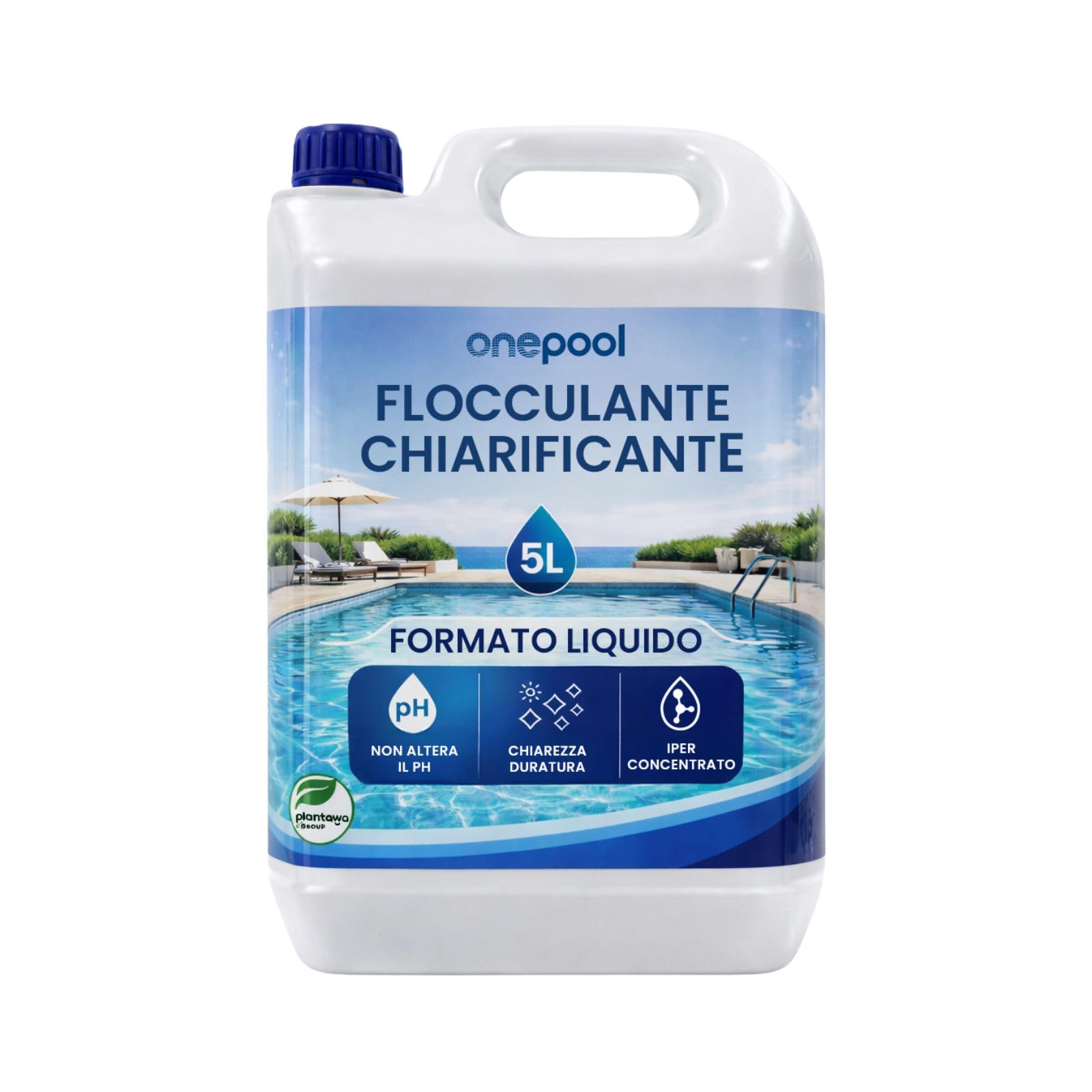 PLANTAWA Flocculante per Piscina 5L | Chiarificatore Acqua Torbida Super Concentrato | Schiarente per Piscina Compatibile con Ogni Trattamento | Sicuro e Senza Sostanze Aggressive