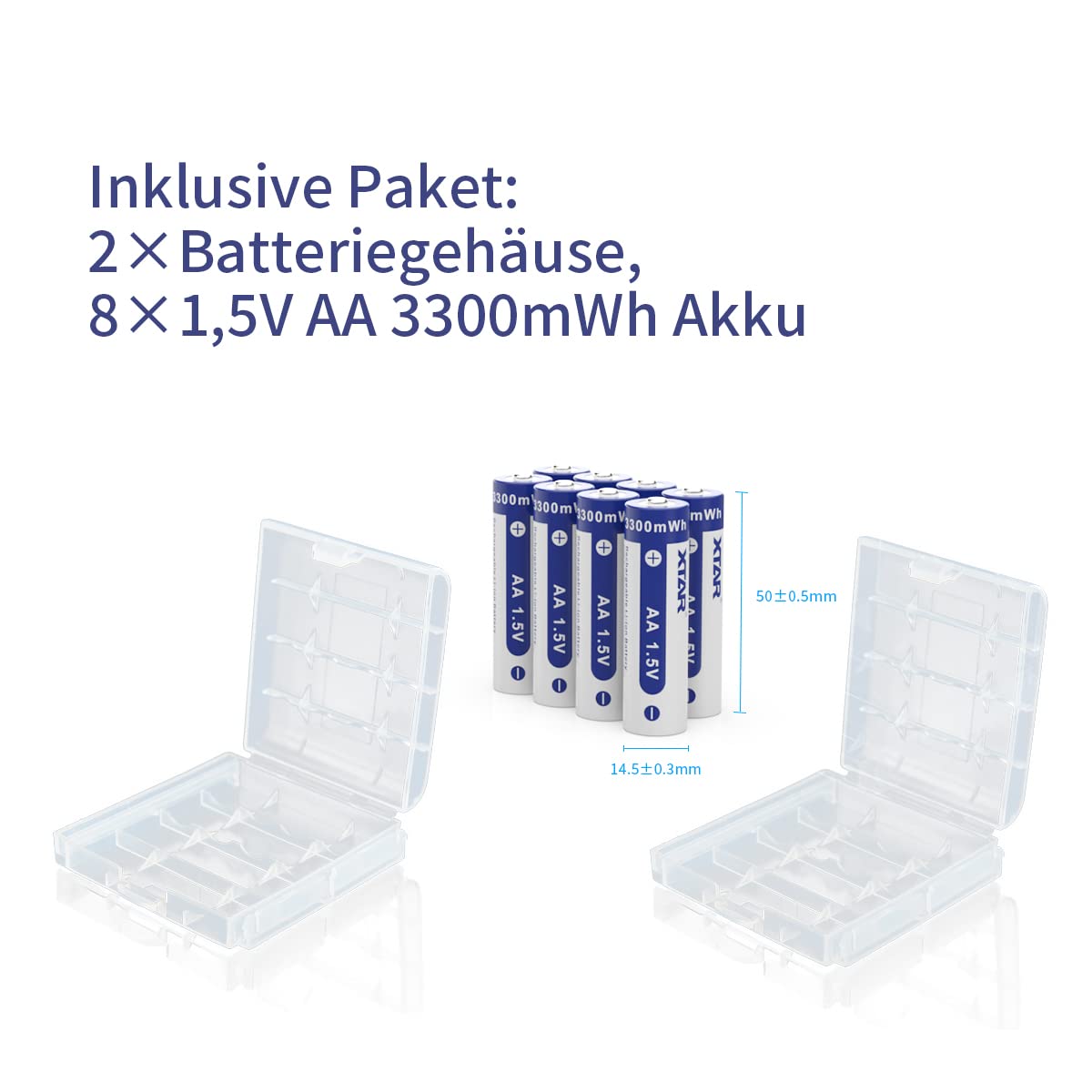 Lot de 8 piles AA rechargeables 1,5 V AA 3300 mWh Liion avec 2 boîtes à piles pour horloges murales, télécommandes TV, jeux et jouets (8 paquets de AA)
