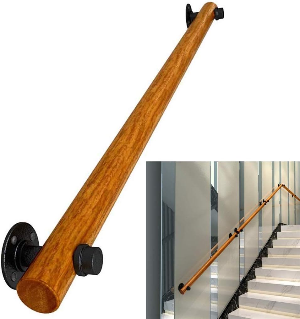 Stair Banister Handrail, Wall Mounted Wooden Staircase Hand Rail, Industrial Solid Wood Pipe Stairs Kit Brackets, Bathroom Grab Bar, Suitable for Bars Lofts Stairs (240cm)