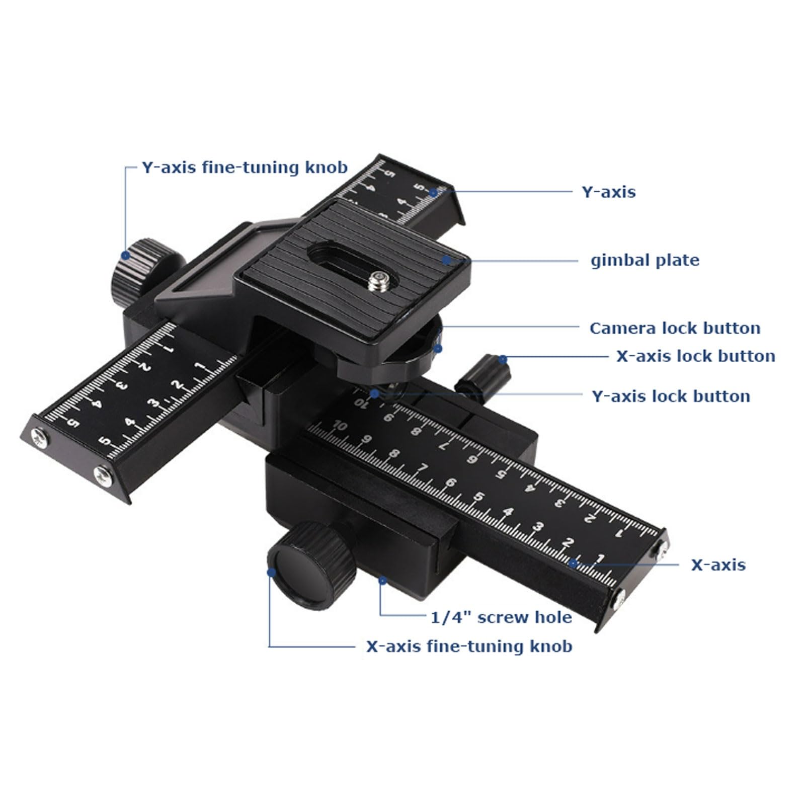 FROON Macro Gimbal con regolazione fine dell'asse X/Y, doppia scala da 0-10 cm, piastra a sgancio rapido, carico 3 a 7 kg for fotocamere Mirrorless
