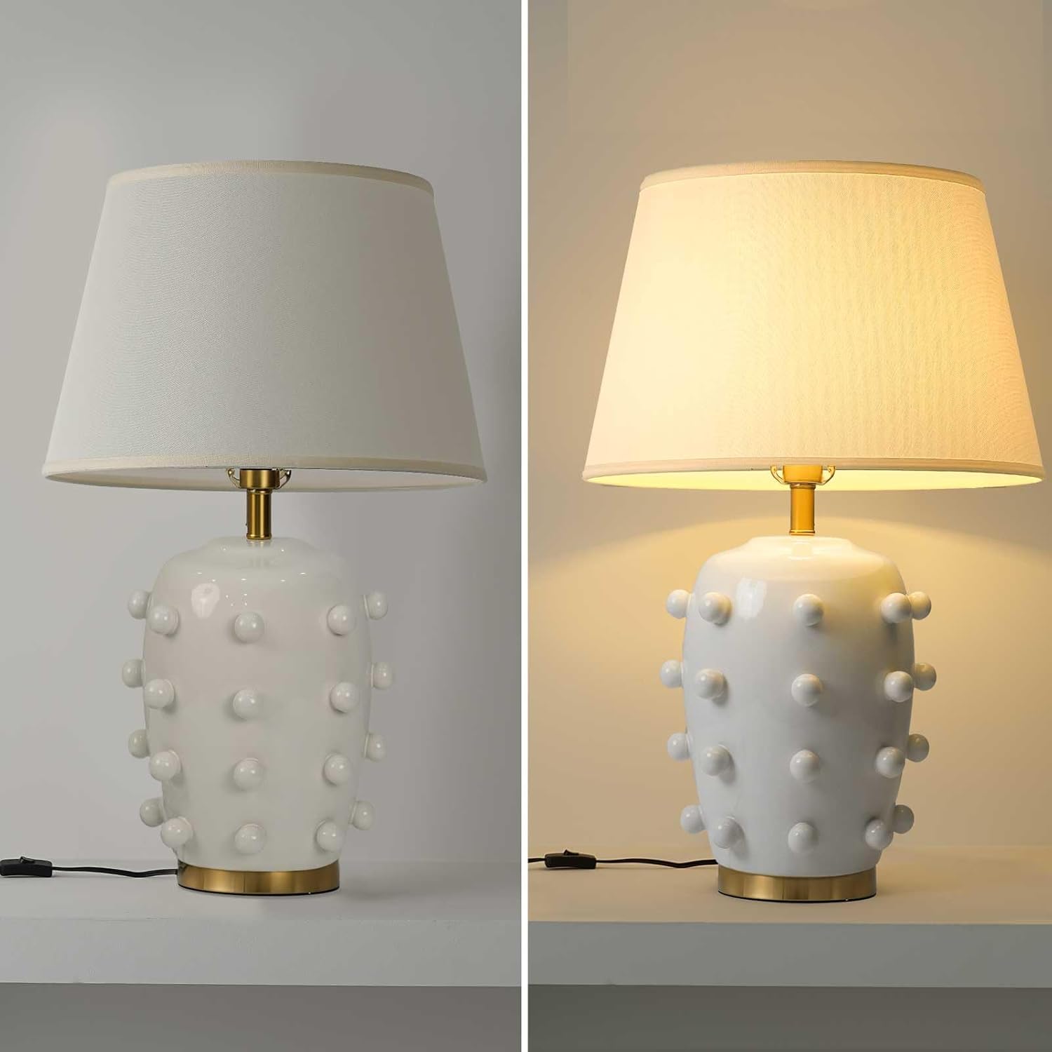 Modern Ceramic Linden Table Lamp - 26" White Ball Farmhouse Design, Classic Table Lamp Pottery Tapered Drum Shade for Living Room, Bedroom, Office, and Home （White）