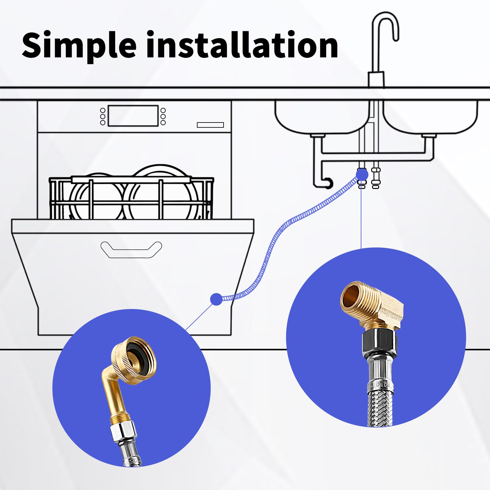 Kit de instalación de lavavajillas de 10 pies, conectores trenzados de acero inoxidable para lavavajillas, línea de suministro de compresión de 3/8 pulgadas, conexión de corta distancia