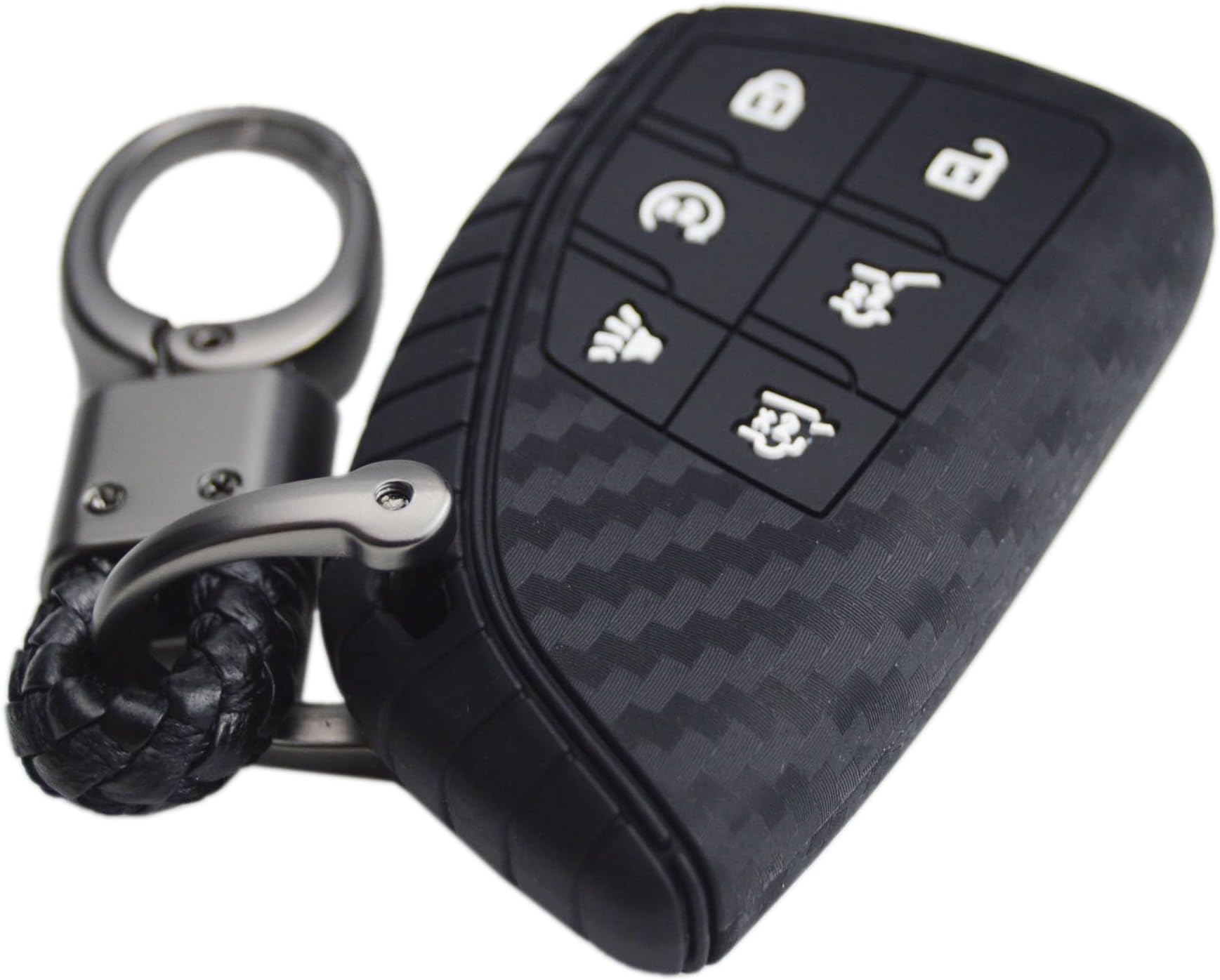 Carbon Silicone Key Fob Cover Case Protector + Keychain for 2021 2022 2023 2024 2025 Chevrolet Suburban Tahoe and GMC Sierra Yukon 6 buttons