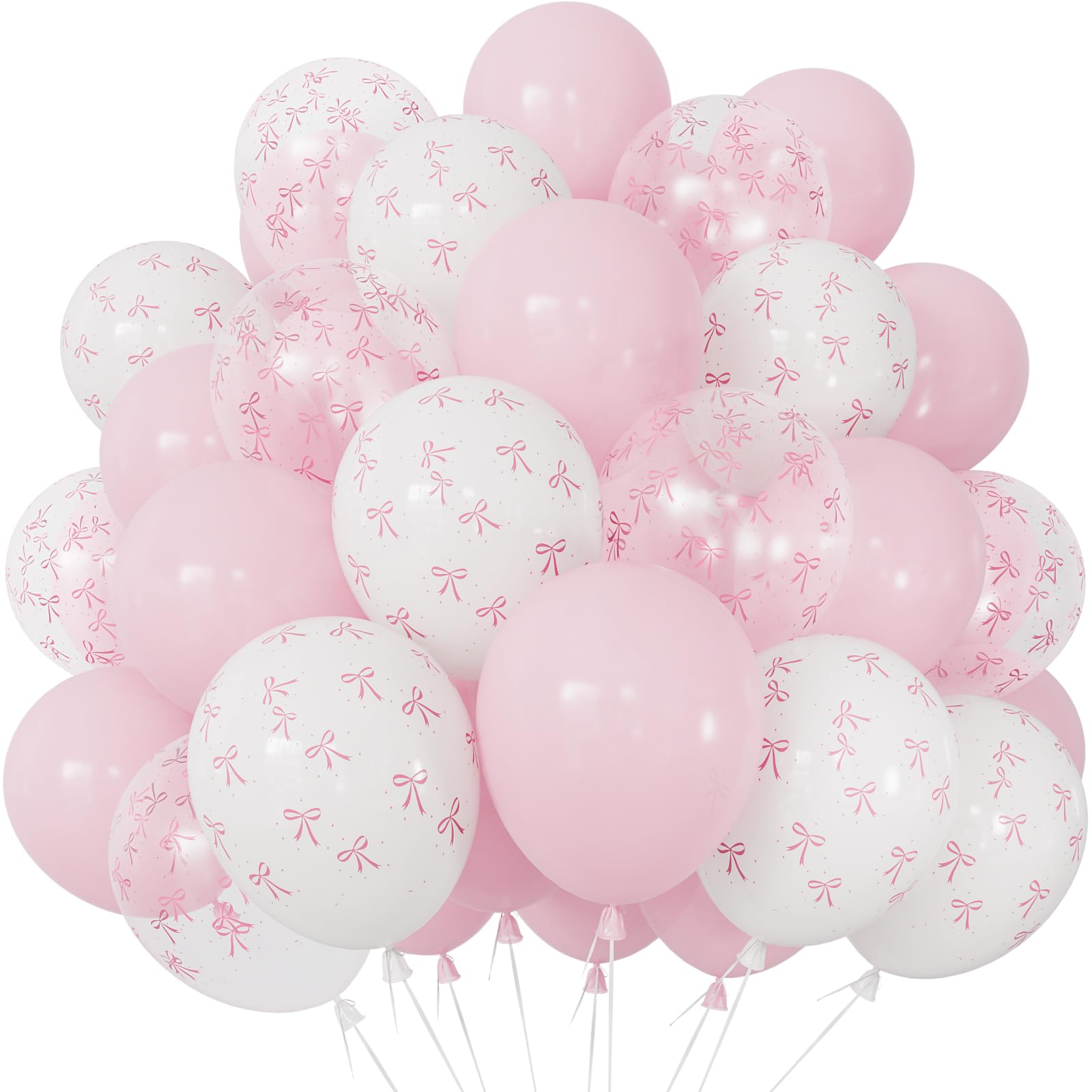 Adeyoo Pink Bow Balloons - 50 Pcs 12 Inch Pastel Pink White Clear Balloons with Bow Print, Shiny Coquette Party Balloon for Girls Women Princess Birthday Bridal Wedding Bachelorette Party Decorations — image 1