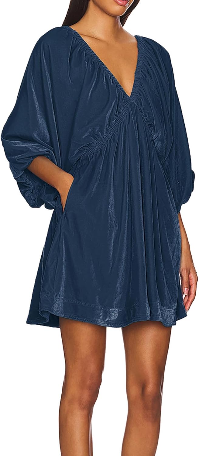 R.Vivimos Womens Fall Velvet Tunic Dress 2026 Trendy Sexy Deep V Neck 3/4 Sleeve Elastic Waist Loose Mini Dress with Pockets - Image 2