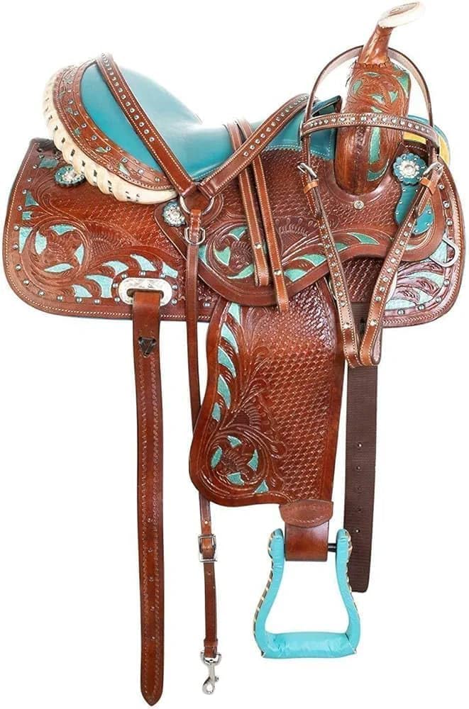 Western Leather Saddle for Horse Barrel Racing Tack Set with Bridle, Matching Headstall, Reins & Breast Collar, Premium Horse Gear, Equestrian Tack Combo