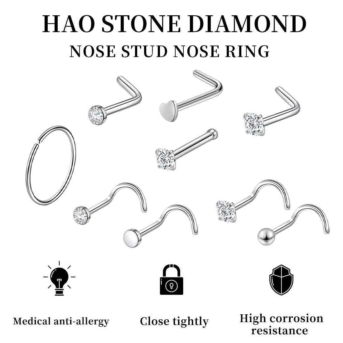 Accessori Naso Moda Set 12 Borchie Naso 10 Catene In Acciaio Chirurgico 316l 20g Per Doppio Piercing Argento G 205772 - Foto 7