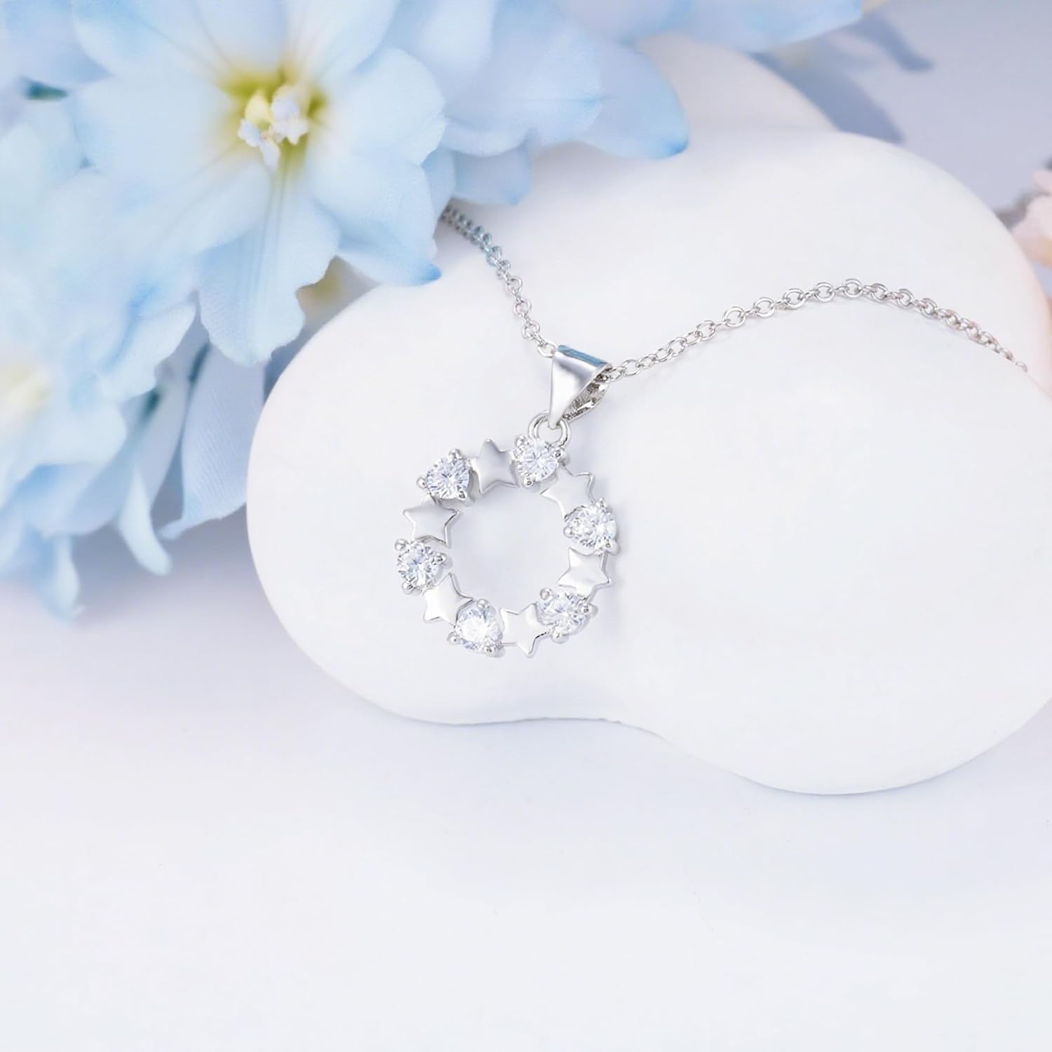 Star Necklace for Women S925 Sterling Silver Cubic Zirconia Star Wreath Round Pendant Necklace Hypoallergenic Adjustable Chain Necklaces Celestial Jewelry Gifts for Women Christmas Mom Girlfriend - Image 2