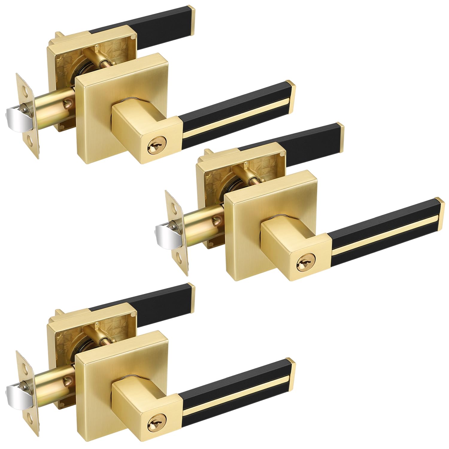 EHOMEWARE 3 Pack Keyed Alike Brass Door Handles with Black Leather Lever, Gold Entrance Door Lever for Bed and Living Room, Keyed Interior Door Handles, Locked Inside with Turn-Thumb